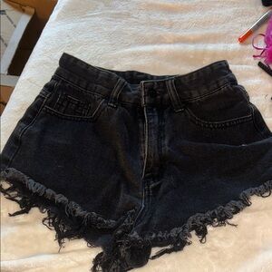 Black Denim Frayed Hem Women's Shorts